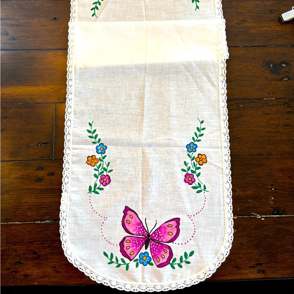 Vtg Butterfly Floral Hand Painted Linen Dresser Scarf Table Runner 45x14